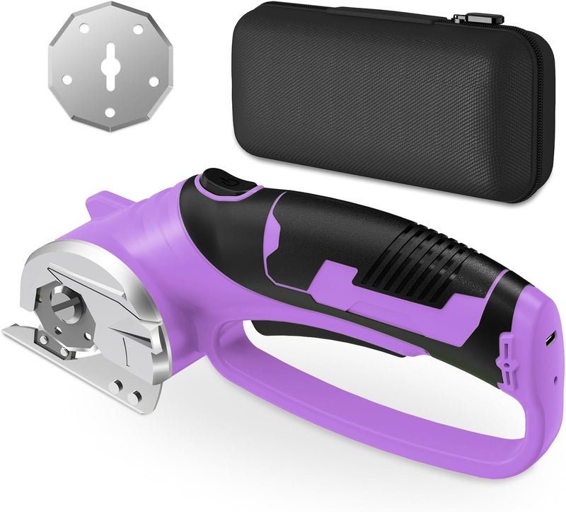 Mershca Cordless Electric Scissors, 4V Rechargeable Box Cutter & Cardboard Cutter with LED Light, Safety Lock - Rotary Cutter for Fabric, Leather, Carpet, Plastic, Crafting, Sewing with Storage Box(Purple) - Image 1